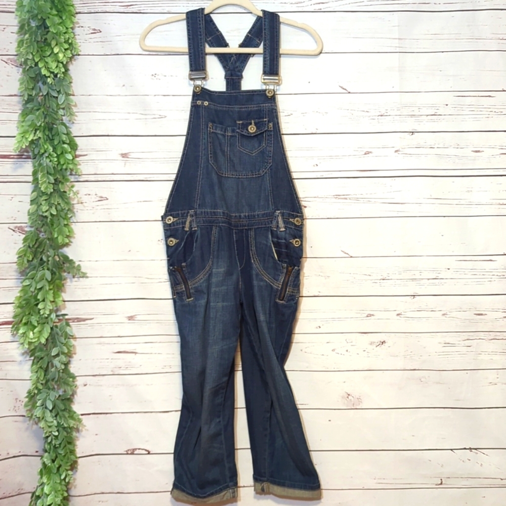 Vintage 2000's Y2K DKNY Bib Jean Overalls‎ Women's 2 Cropped Flare Zipper Denim